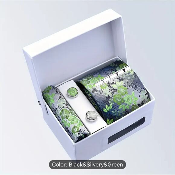 Men’s Silk Coordinated Tie Set - Silver with Lime Green Florals - Picture 1 of 3
